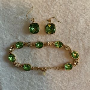 Bracelet and earring set. Green on gold with crystal accents. Never worn.